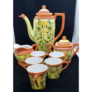Stunning Tea Pot Set 5 demitasse cups, Covered Sugar Dish, Creamer and Tea Pot ~